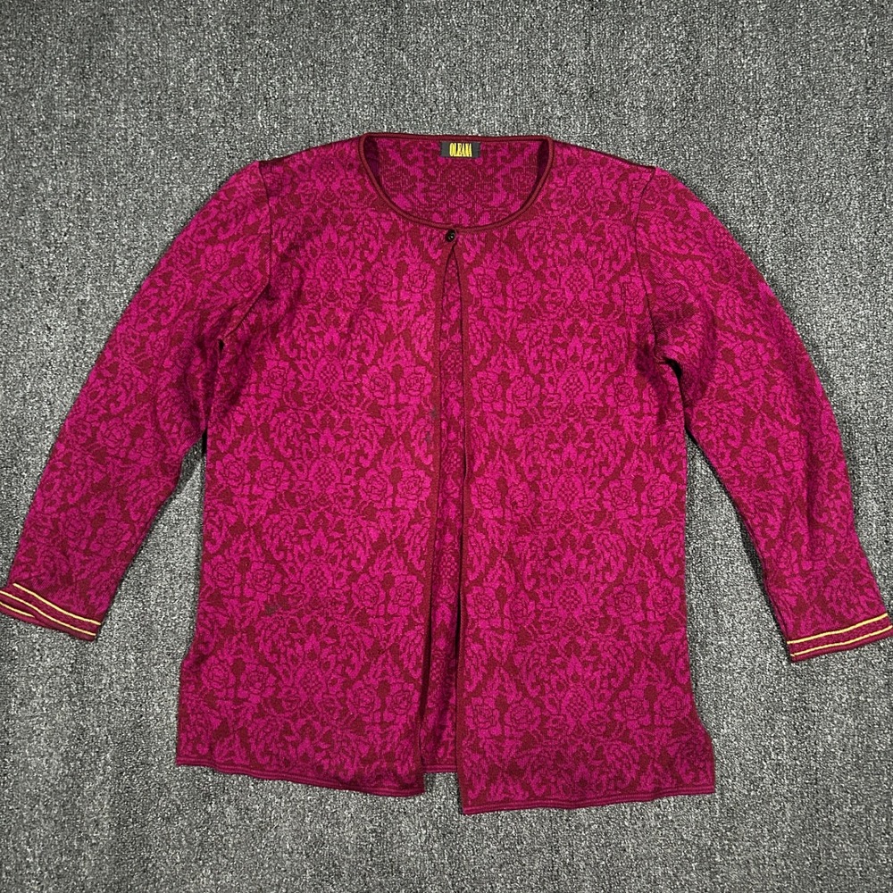 Oleana Cardigan Sweater Womens Medium Magenta Floral Wool Silk Norway Excellent